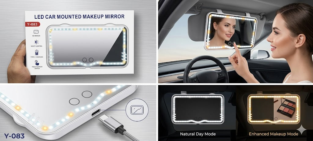 LED CAR MOUNTED MAKEUP MIRROR مرآة للسيارة مزودة بإضاءة LED عالية الجودة